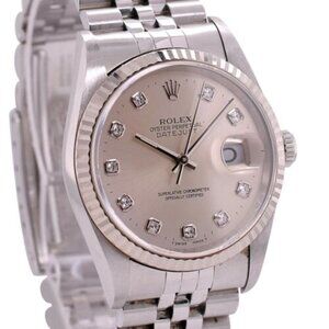 ROLEX DATEJUST SILVER SQUARE DIAMOND DIAL STEEL FLUTED JUBILEE WATCH 36 MM 16234